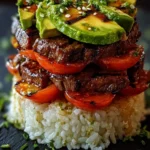 Grilled Beef Tomato Avocado Rice Stack – Tasty and Quick First Image