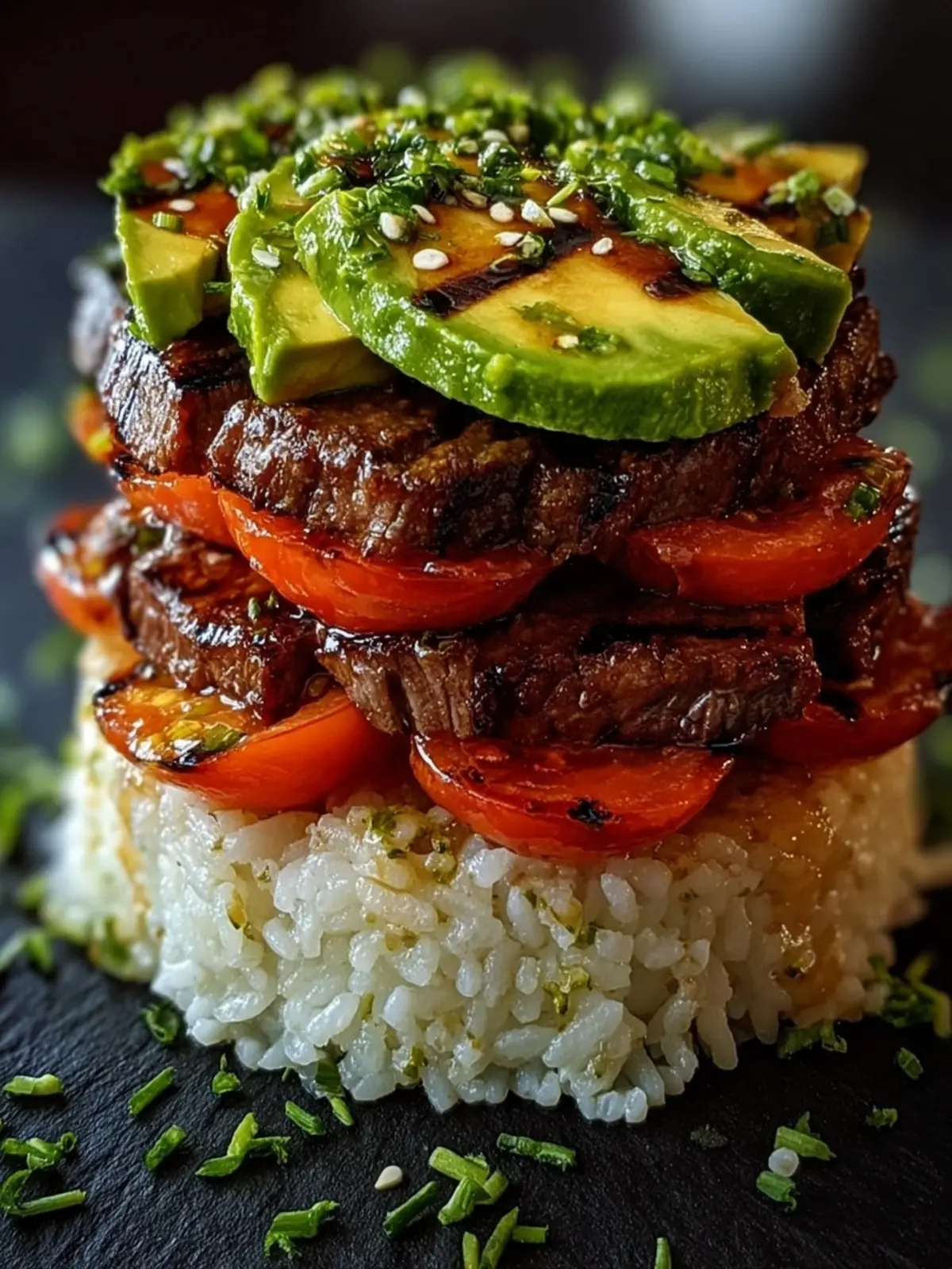 Grilled Beef Tomato Avocado Rice Stack: Juicy & Quick Delight